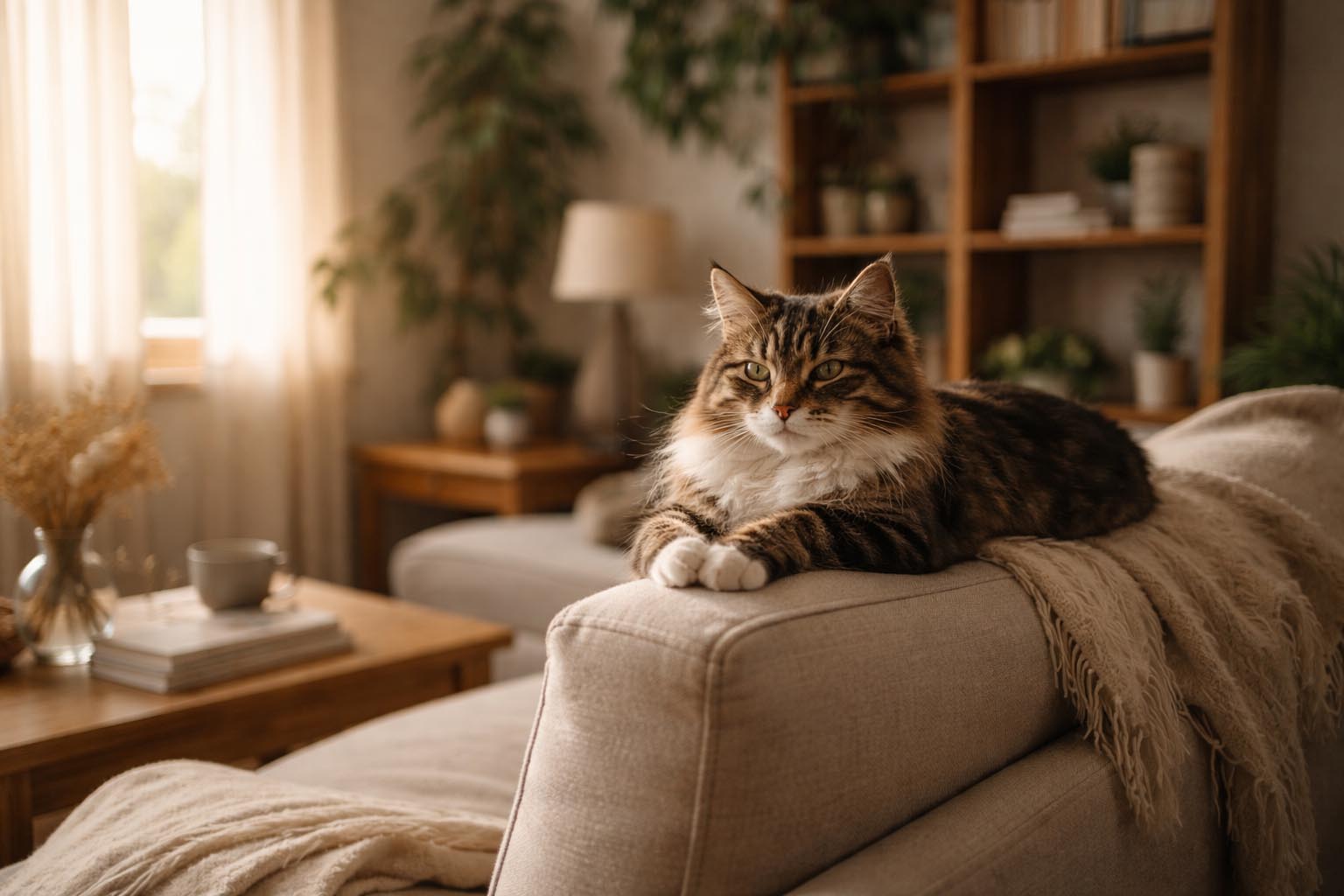 Mačka mirno leži na ivici kauča i posmatra dnevnu sobu, opuštena kućna atmosfera bez gužve