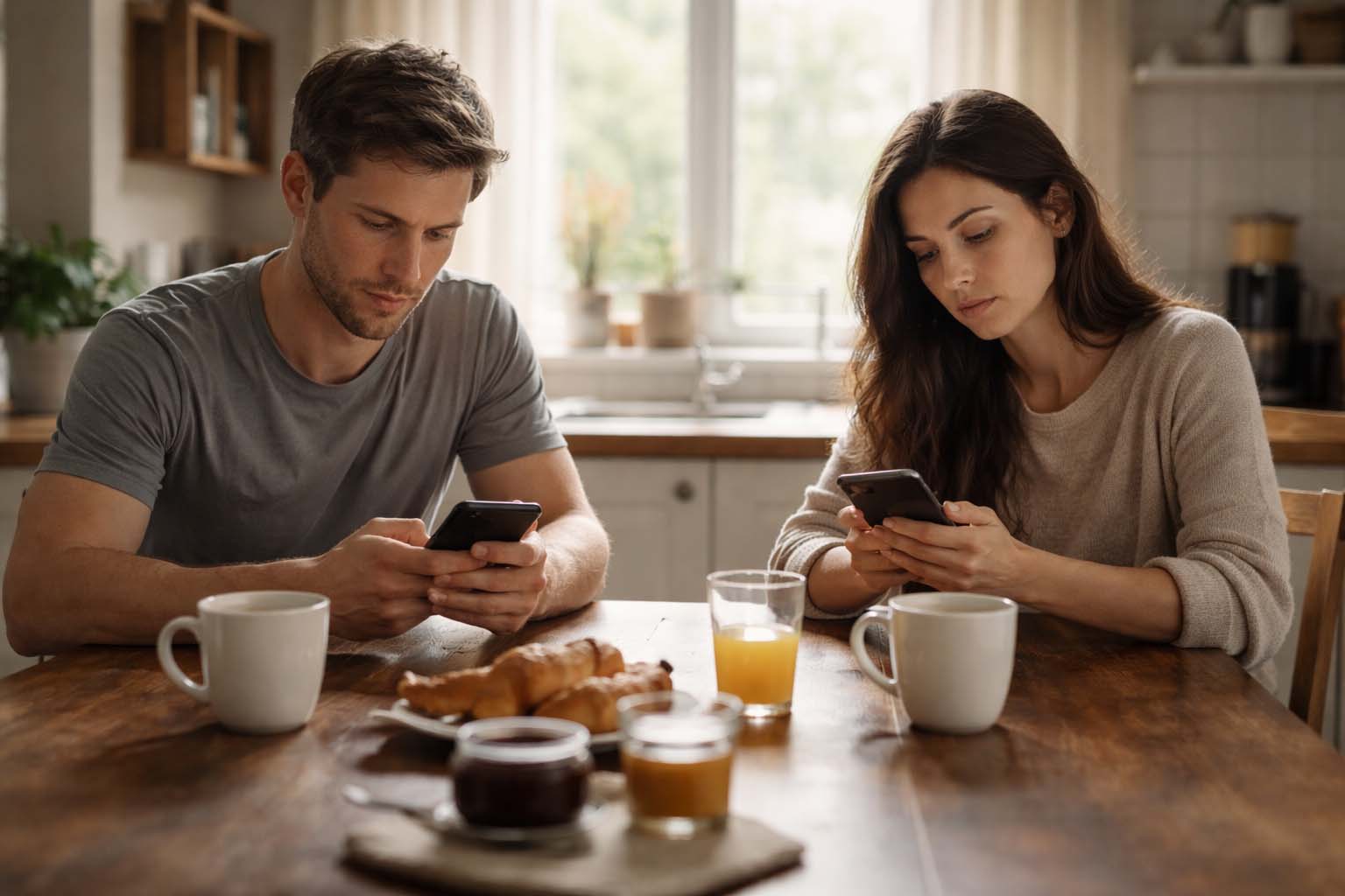 Par sedi u kuhinji u nedelju ujutru, svako gleda u svoj telefon dok kafa stoji netaknuta na stolu