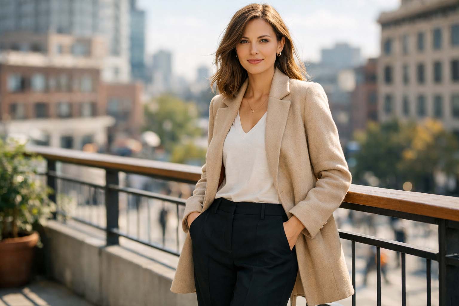 Žena stoji na gradskoj terasi u bež kaputu i tamnim pantalonama tokom sunčanog dana