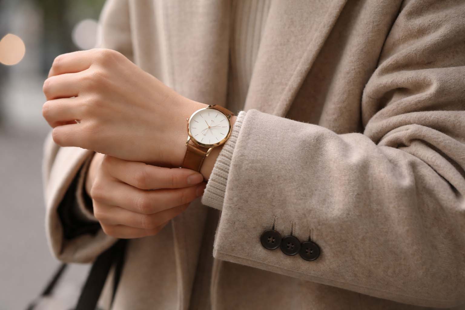 Detalj ruke koja namešta rukav kaputa uz diskretan sat i neutralne boje odeće