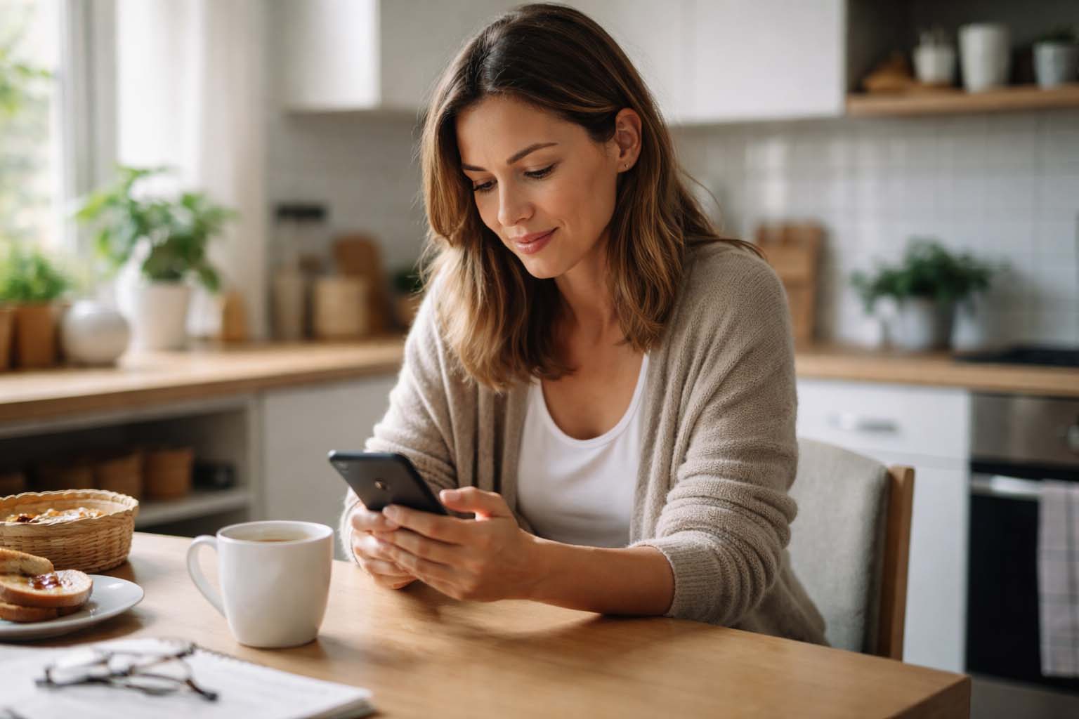 Osoba sedi za kuhinjskim stolom ujutru i gleda u telefon pored šolje kafe