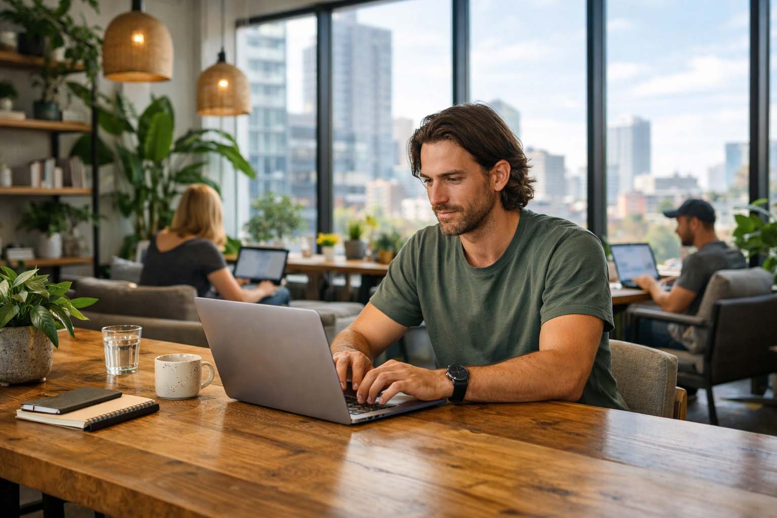 Osoba radi na laptopu za velikim drvenim stolom u svetlom co-living prostoru sa pogledom na grad