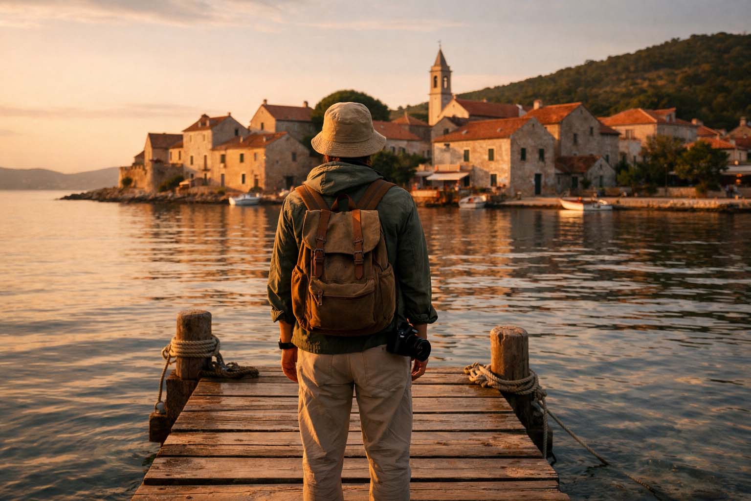 Osoba sa leđa stoji na malom pristaništu i gleda ka kamenitim kućama ostrva u zlatnom večernjem svetlu