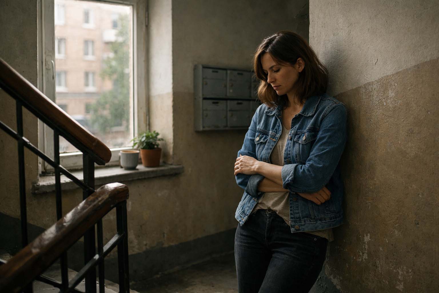 Žena stoji sama na stepeništu zgrade i gleda kroz prozor u tišini