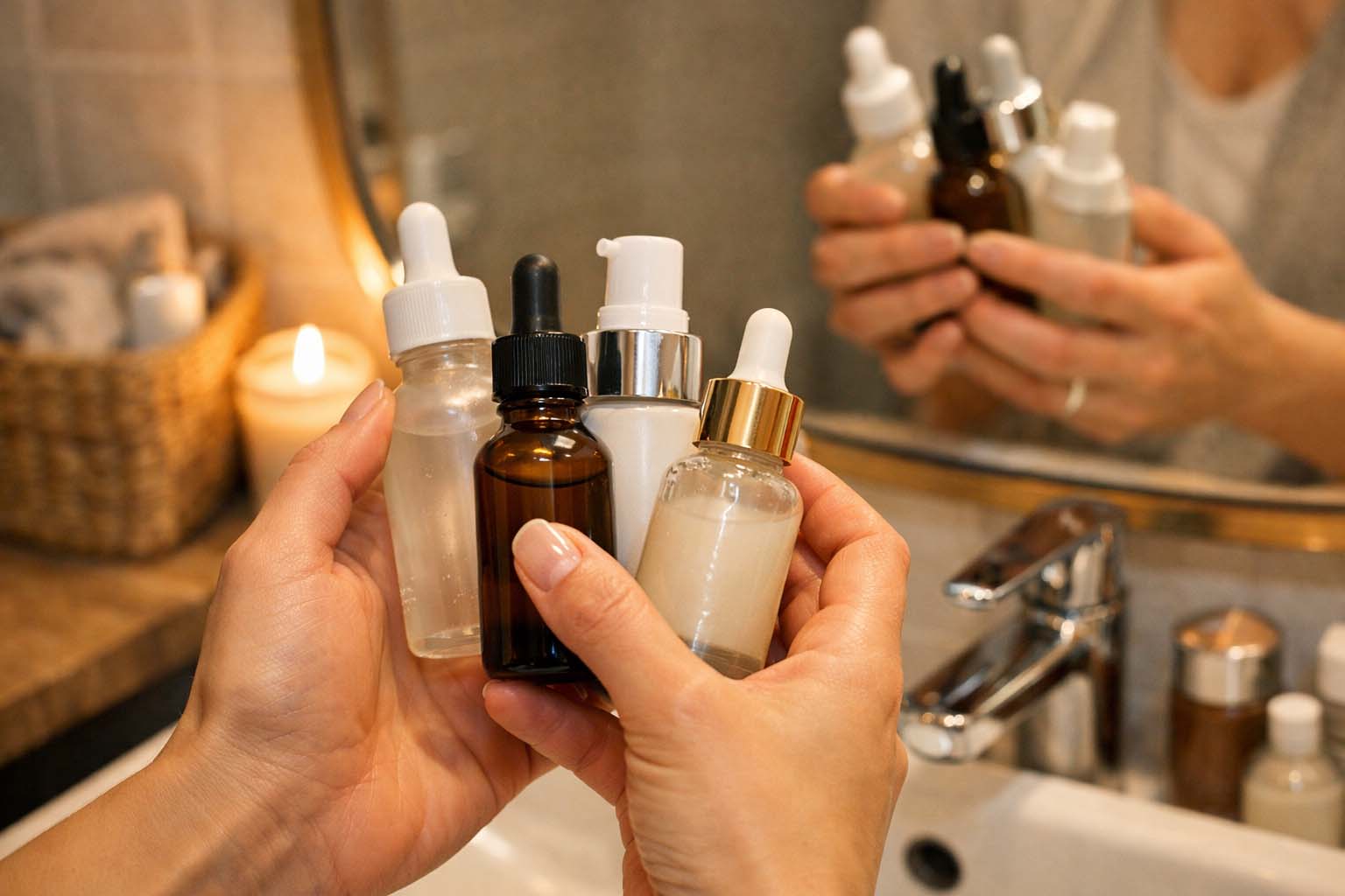 Ruke drže nekoliko bočica seruma i krema ispred ogledala u kupatilu sa toplim svetlom