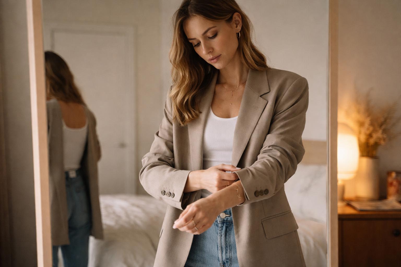 Osoba stoji ispred ogledala i namešta predugačak rukav sakoa u osvetljenoj spavaćoj sobi