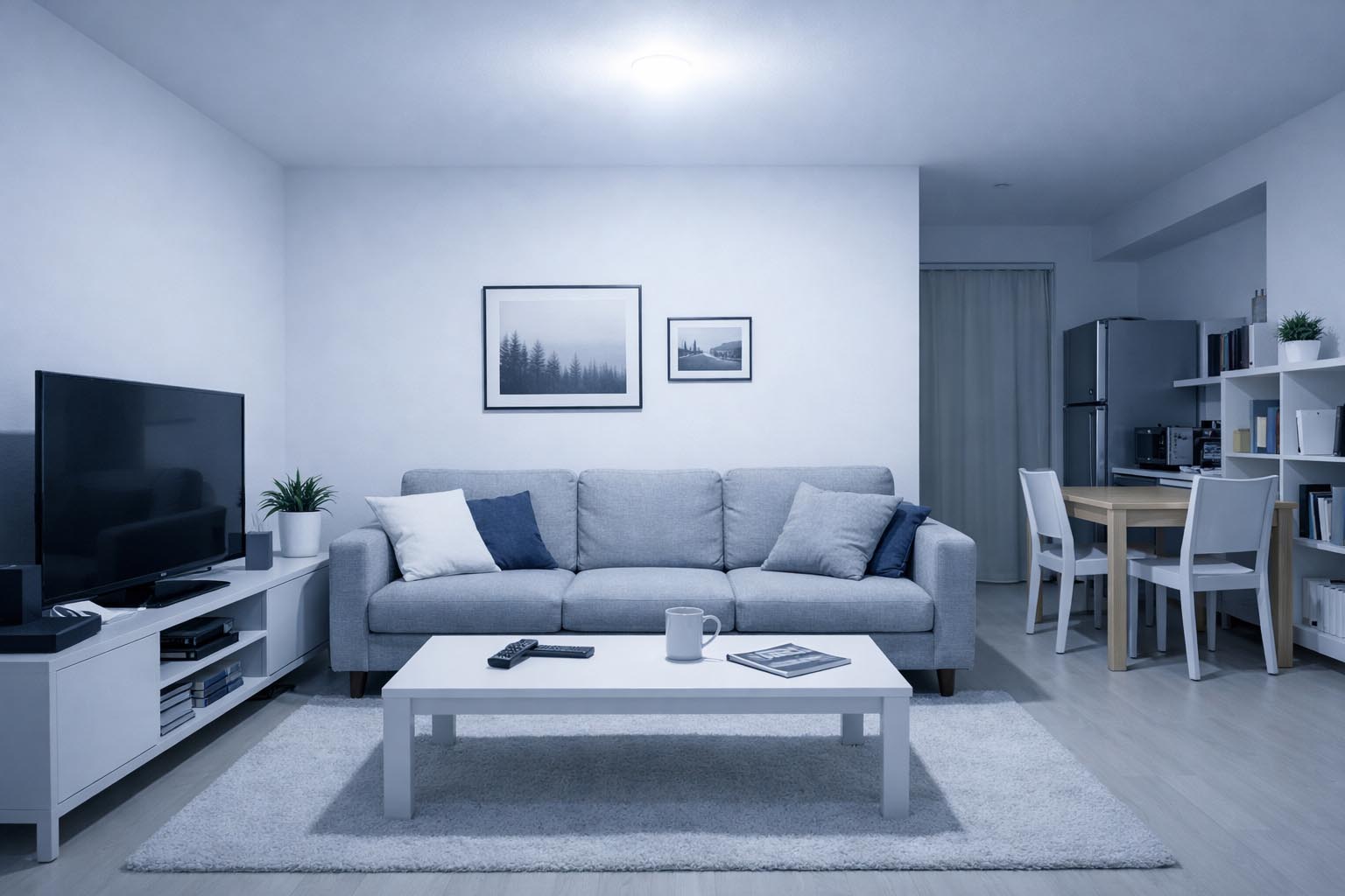 Moderna dnevna soba sa jakim belim plafonskim svetlom bez dodatnih lampi