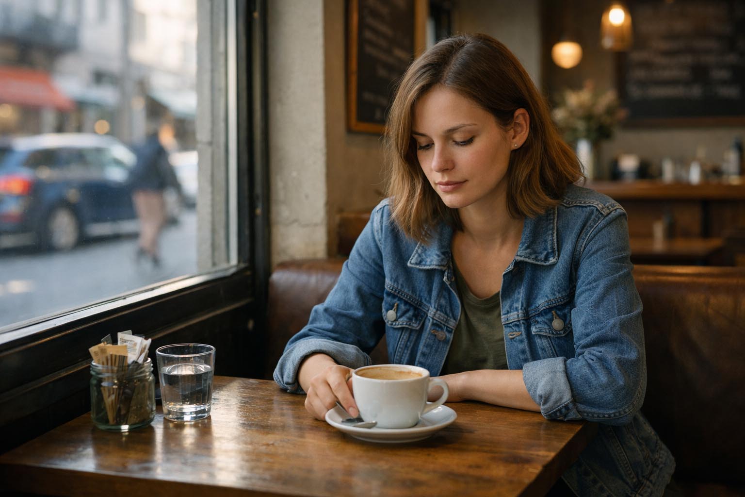 Žena sedi sama u kafiću u popodnevnim satima, gleda u šolju kafe zamišljeno