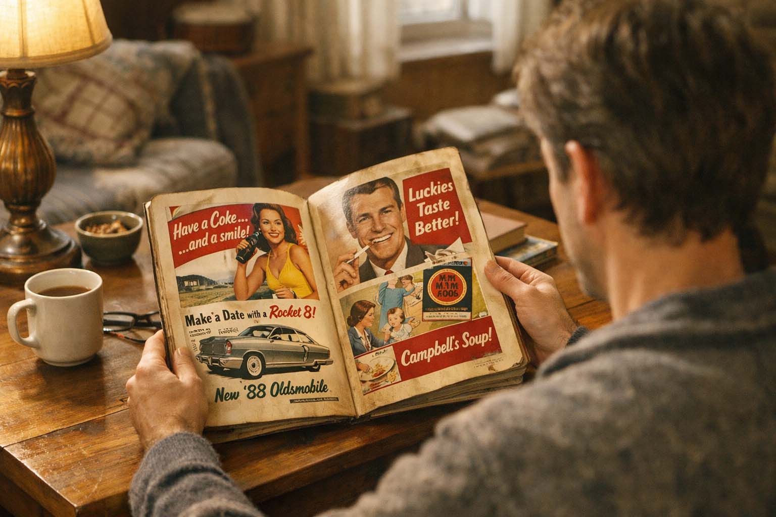 Osoba lista stari magazin sa reklamama poznatih brendova za stolom u dnevnoj sobi