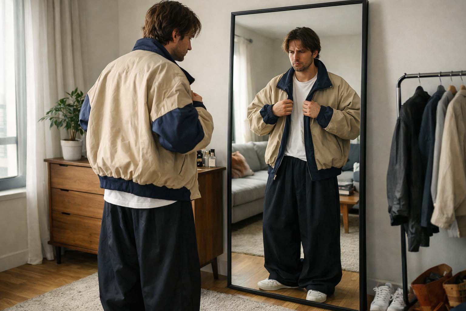 Osoba stoji ispred ogledala u stanu i posmatra kombinaciju sa prevelikom jaknom i širokim pantalonama