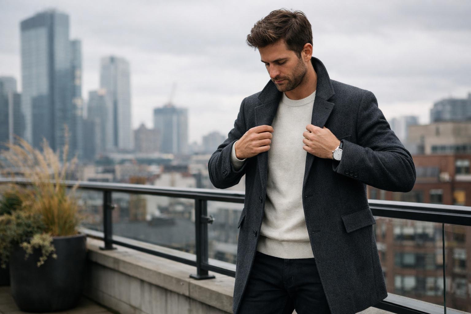 Osoba stoji na gradskoj terasi tokom oblačnog dana i namešta klasičan kaput preko jednostavne kombinacije