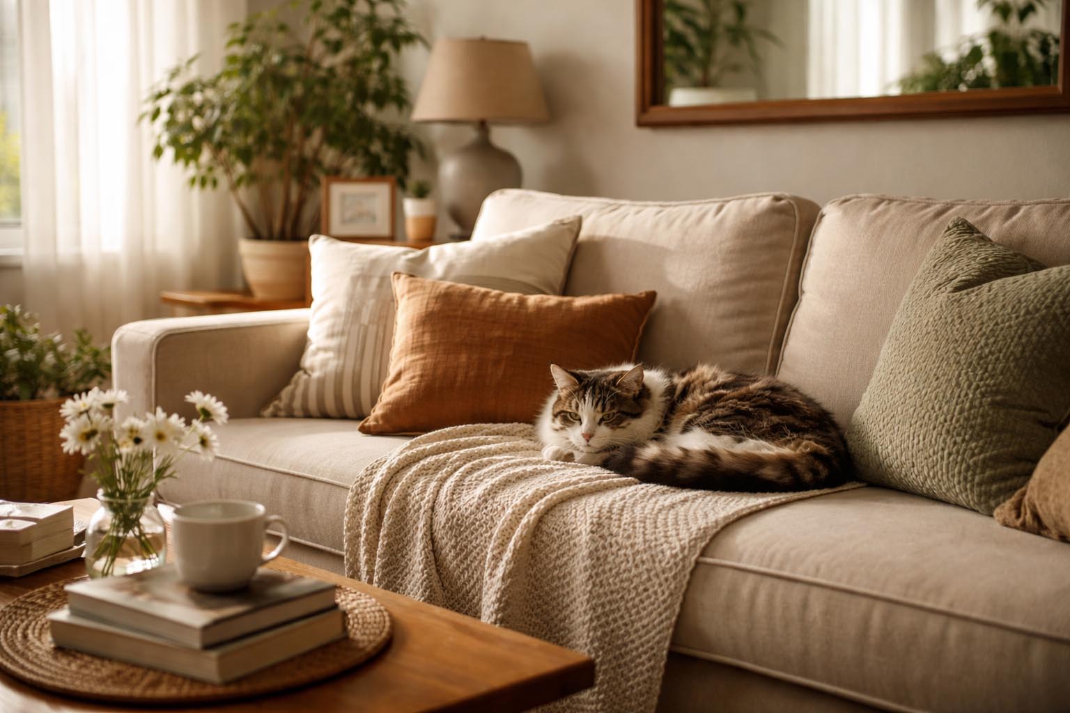 Mačka mirno odmara na istom mestu u dnevnoj sobi, obasjana prirodnim popodnevnim svetlom