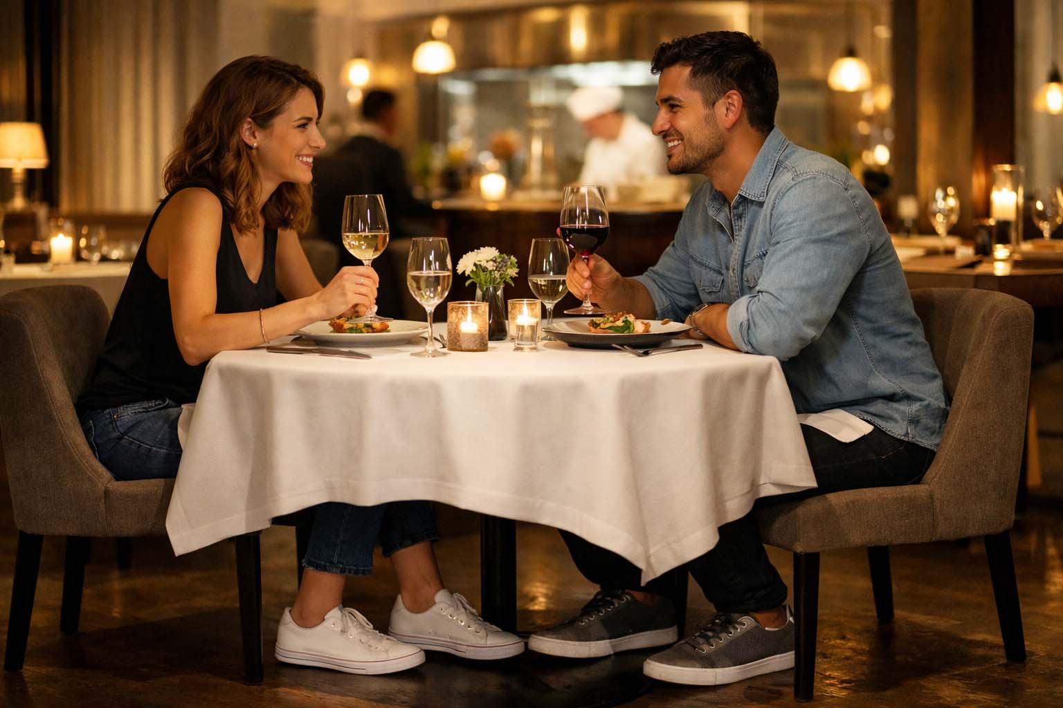 Par sedi za stolom u elegantnom restoranu, ispod stola se vide patike i opuštena obuća