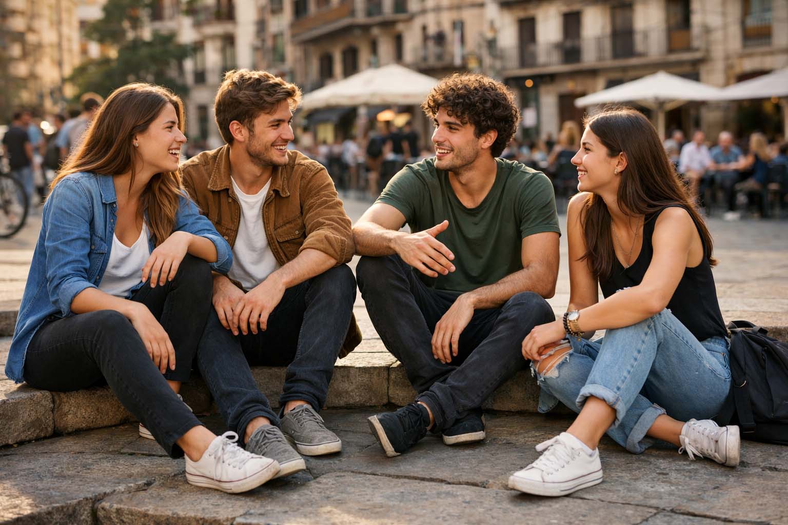 Mladi ljudi sede na stepenicama gradskog trga u kasno popodne, razgovaraju opušteno