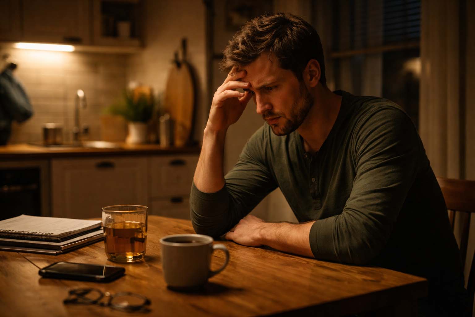 Muškarac sedi sam za kuhinjskim stolom uveče, sa pogledom u prazno, pod slabim svetlom