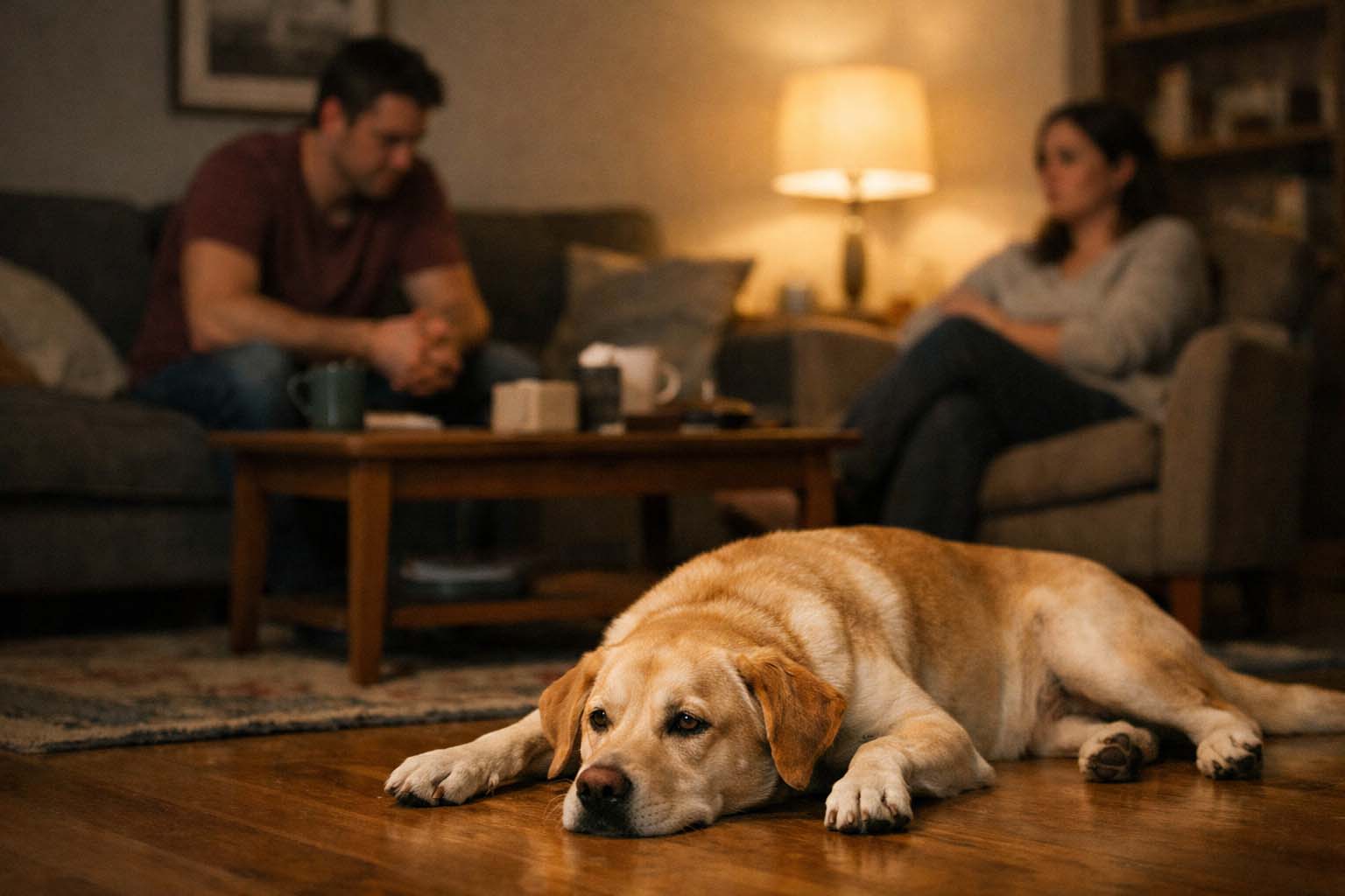Pas leži na podu dnevne sobe dok ukućani sede u tišini u pozadini