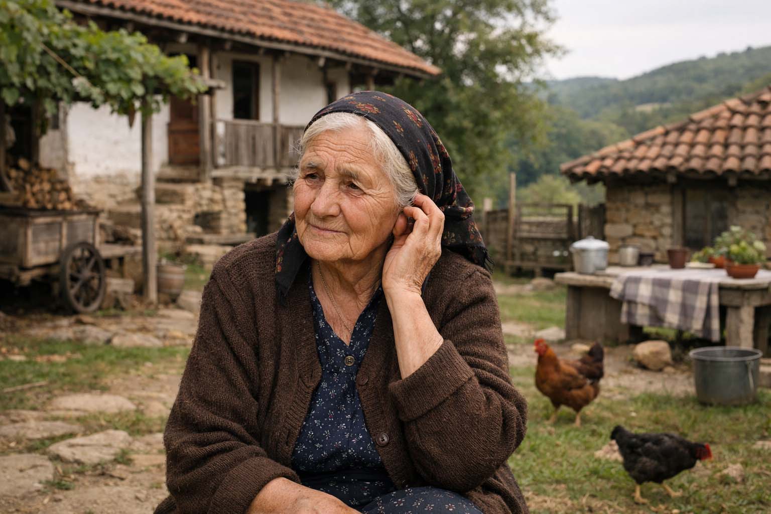 Starija žena sedi u dvorištu seoske kuće i zamišljeno dodiruje uvo