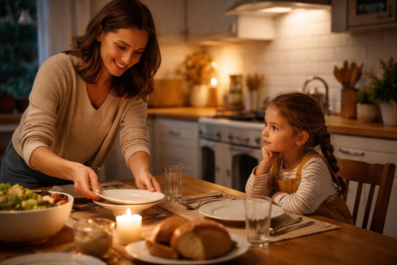 Roditelj i dete sede za stolom u kuhinji dok dete posmatra kako odrasla osoba postavlja sto
