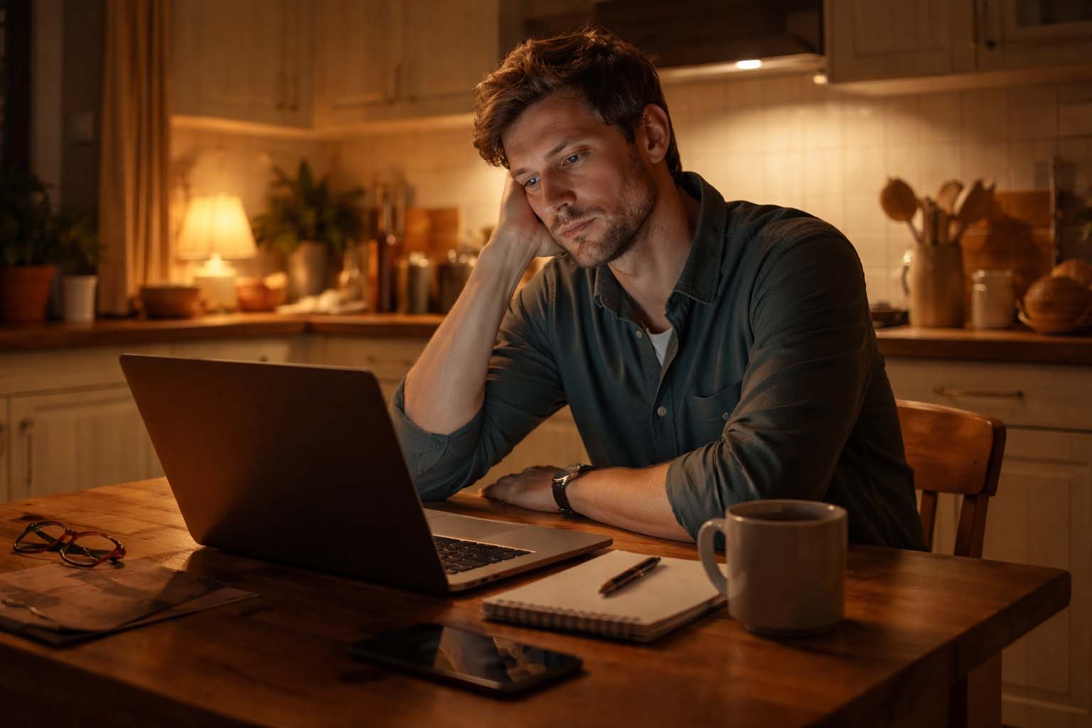 Osoba sedi za kuhinjskim stolom uveče i zamišljeno gleda u otvoreni laptop dok je prostor osvetljen toplom lampom