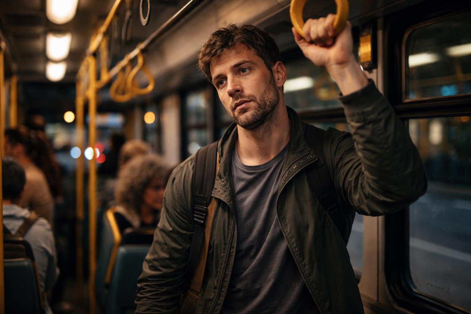 Osoba stoji u gradskom autobusu uveče, drži se za rukohvat i izgleda umorno