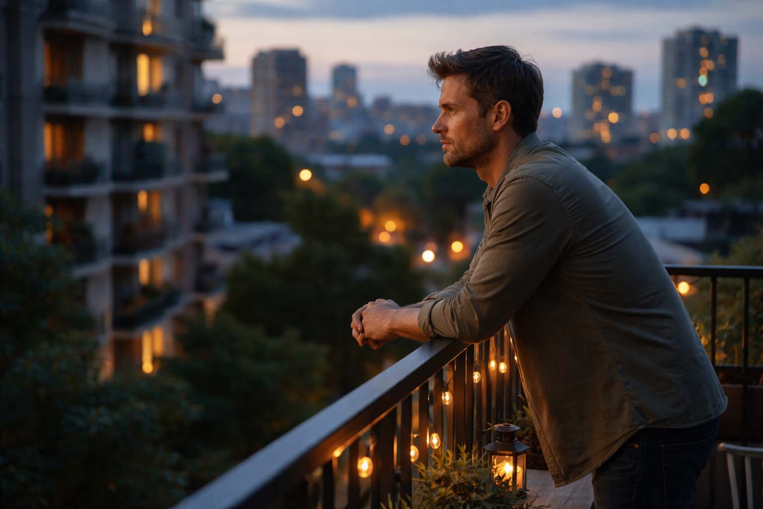 Osoba stoji sama na terasi stana u ranim večernjim satima i naslanja se na ogradu dok gleda u daljinu