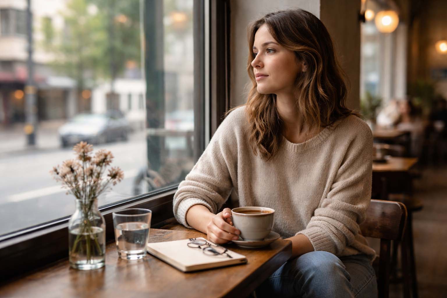 Žena sedi sama u kafiću pored prozora, gleda napolje i pije kafu u miru