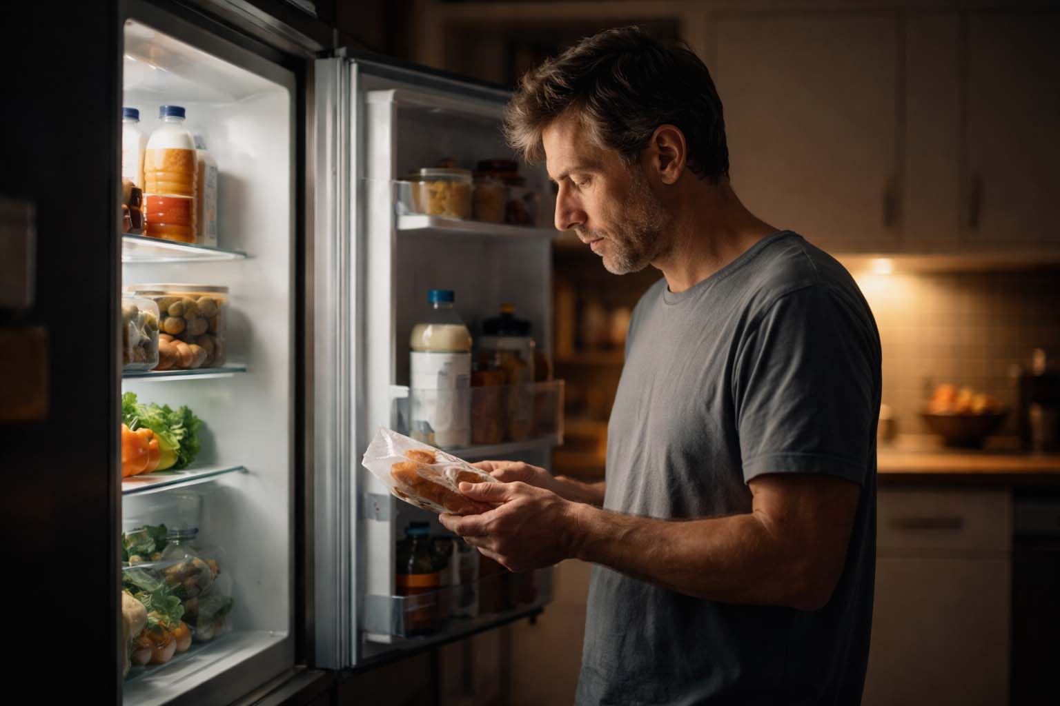 Osoba stoji ispred otvorenog frižidera kasno uveče i zamišljeno drži pakovanje hrane