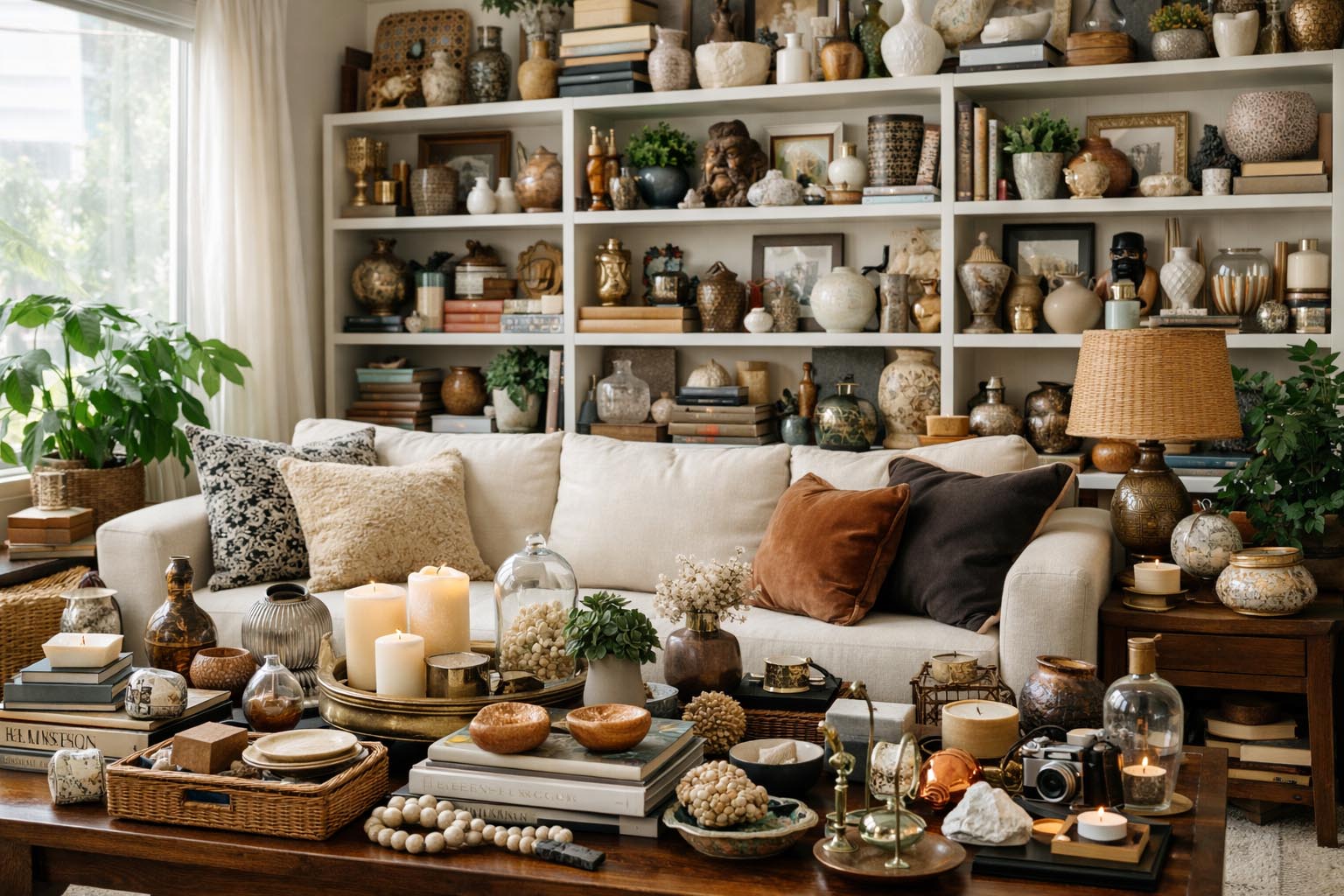 Dnevna soba sa previše dekorativnih predmeta na policama i stolu, uredna ali vizuelno pretrpana