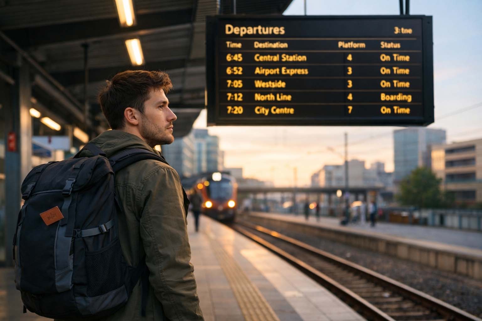 Mladi stoje na železničkoj stanici sa rancem i gledaju u tablu sa polascima vozova