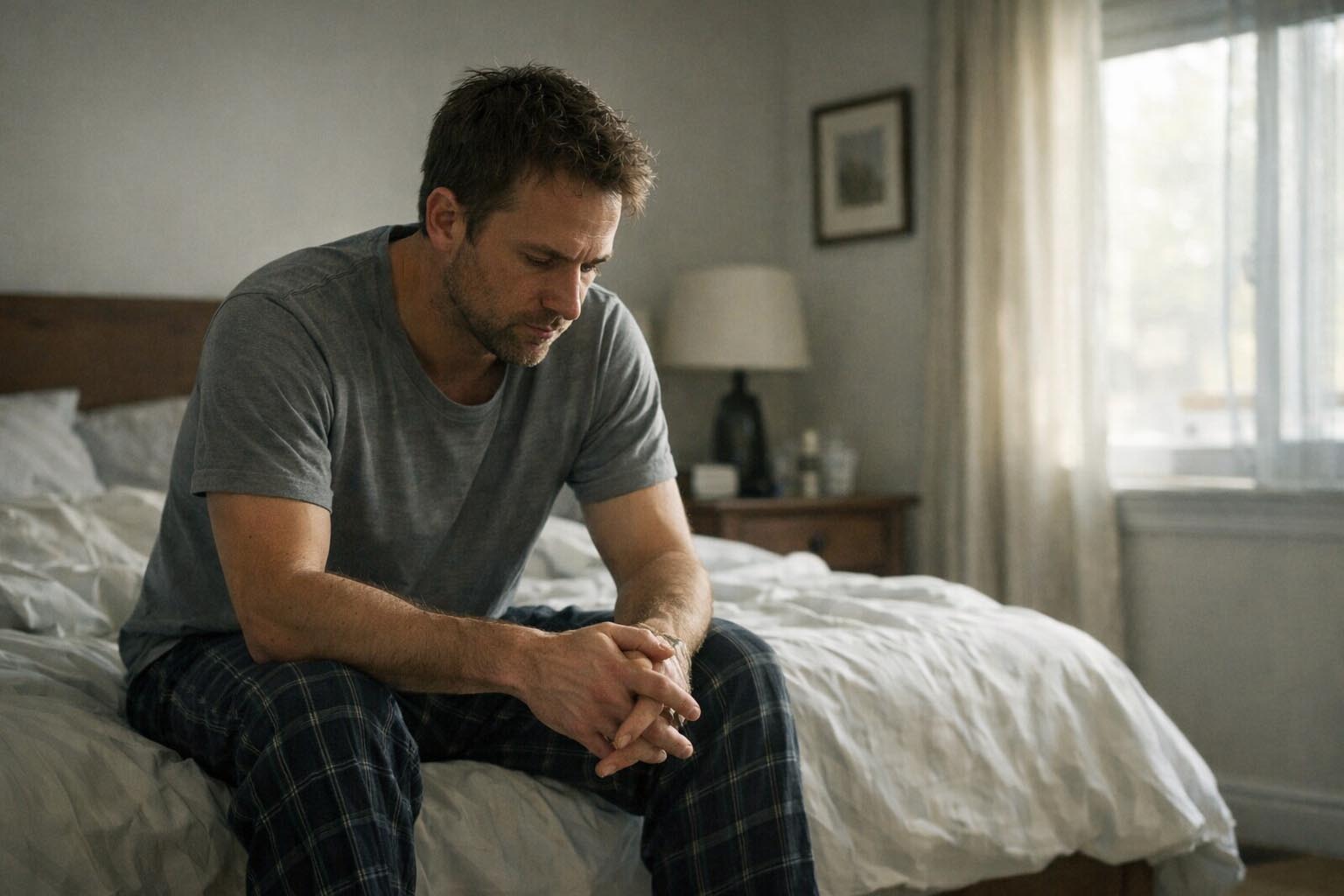 Muškarac sedi na ivici kreveta ujutru, naslonjen laktovima na kolena, dok kroz prozor ulazi bledo jutarnje svetlo