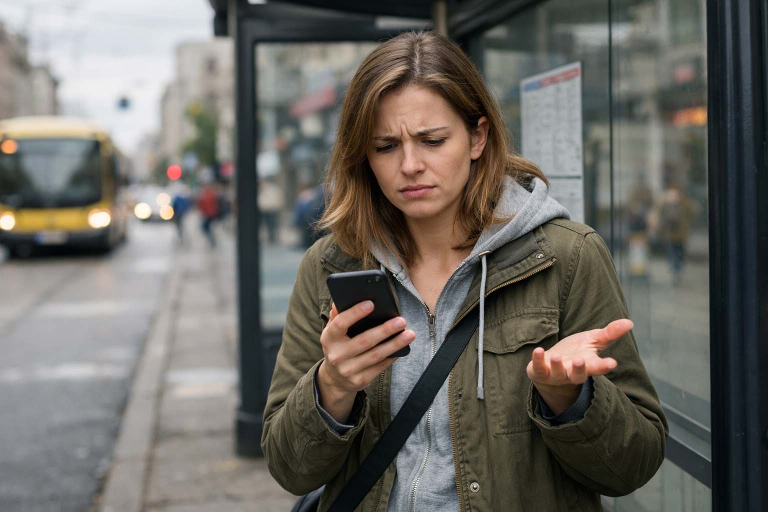 Osoba stoji na autobuskom stajalištu i zbunjeno gleda u telefon dok čeka