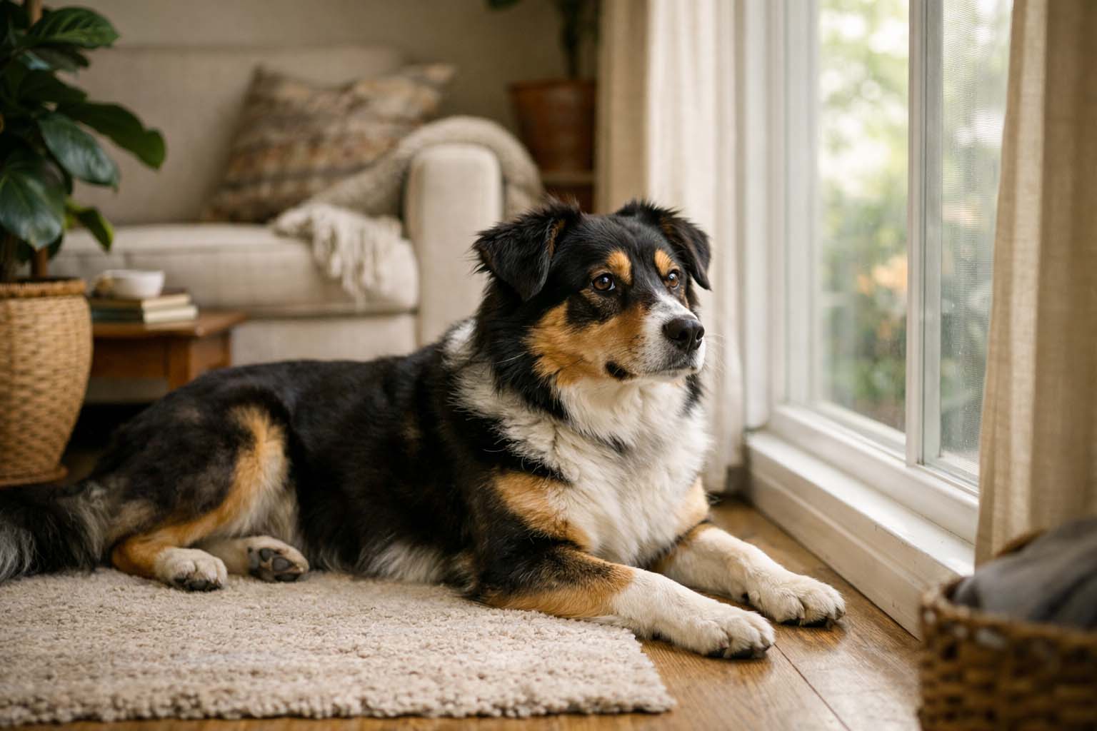Pas leži pored prozora u dnevnoj sobi i posmatra spoljašnje dvorište