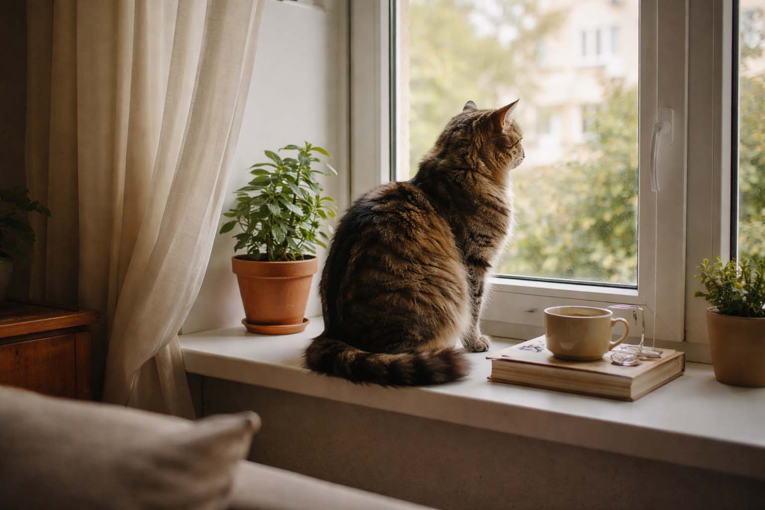 Mačka sedi na prozorskoj dasci i gleda napolje u tišini dnevne sobe