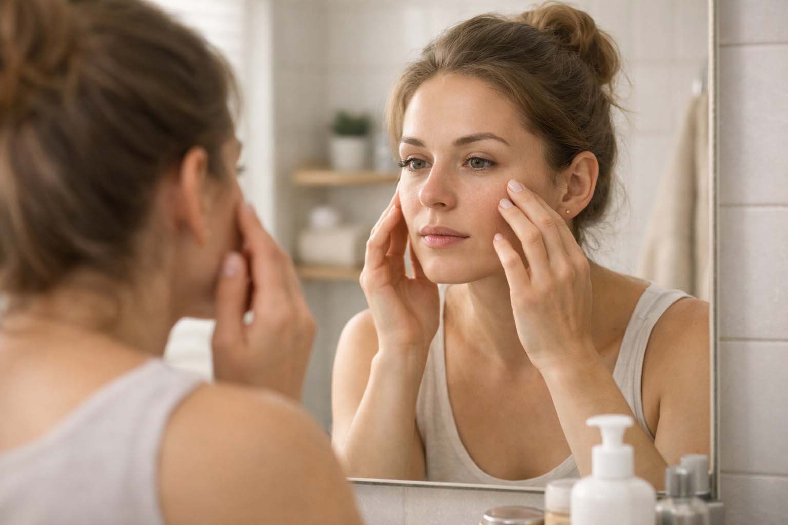 Osoba stoji ispred ogledala u kupatilu i pažljivo posmatra kožu lica