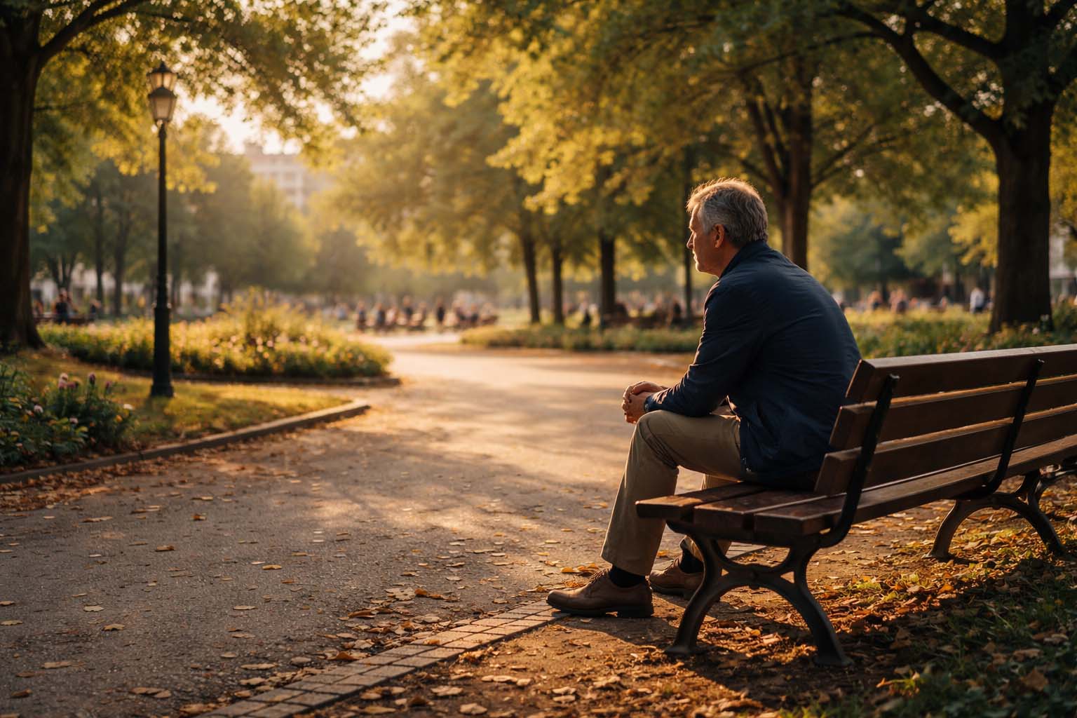 Osoba srednjih godina sedi sama na klupi u parku i posmatra prolaznike
