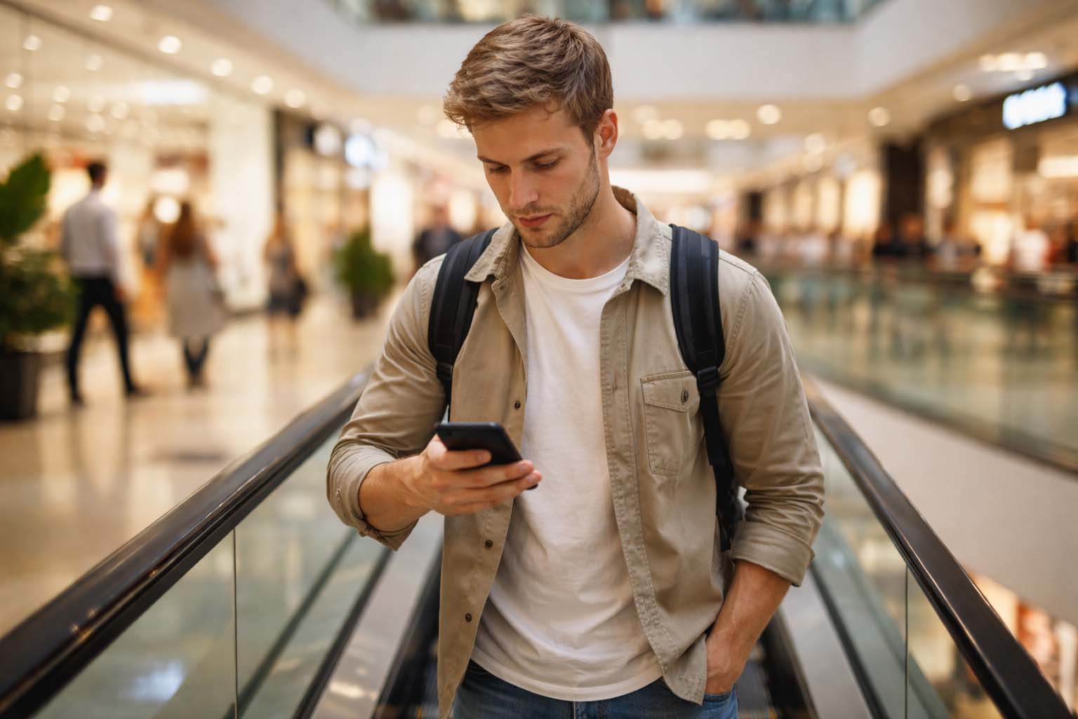 Osoba stoji na pokretnim stepenicama u tržnom centru i gleda u telefon