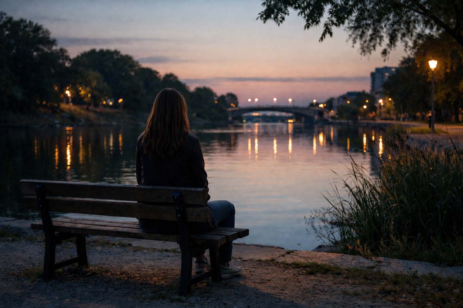 Osoba sedi sama na klupi pored reke u sumrak i posmatra vodu