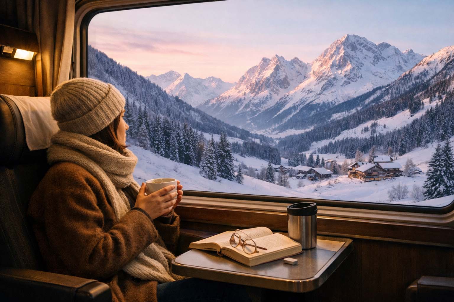 Putnik sedi pored prozora u vozu i posmatra planine prekrivene snegom u ranim jutarnjim satima