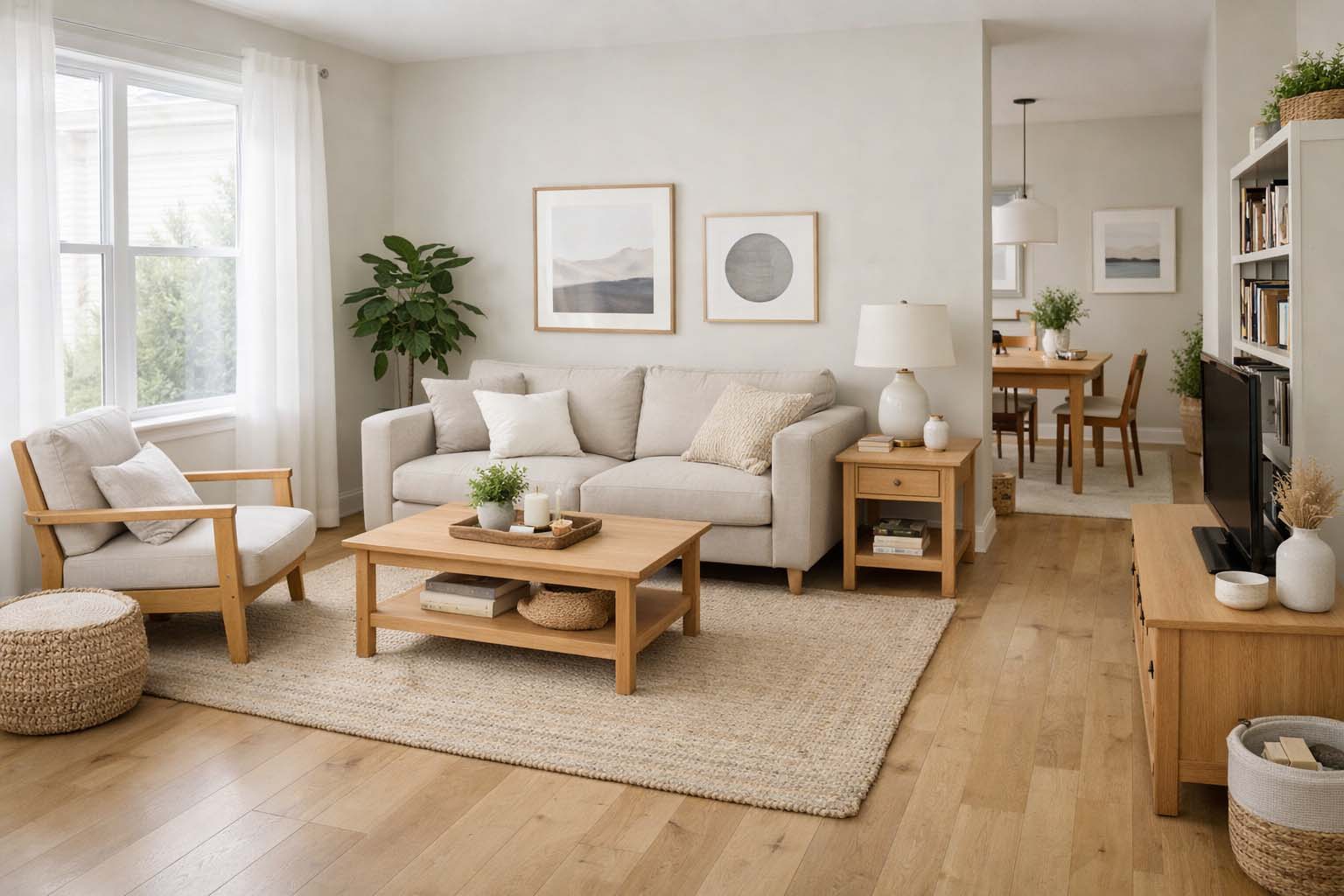 Svetla dnevna soba sa jasno raspoređenim nameštajem i slobodnim prolazima