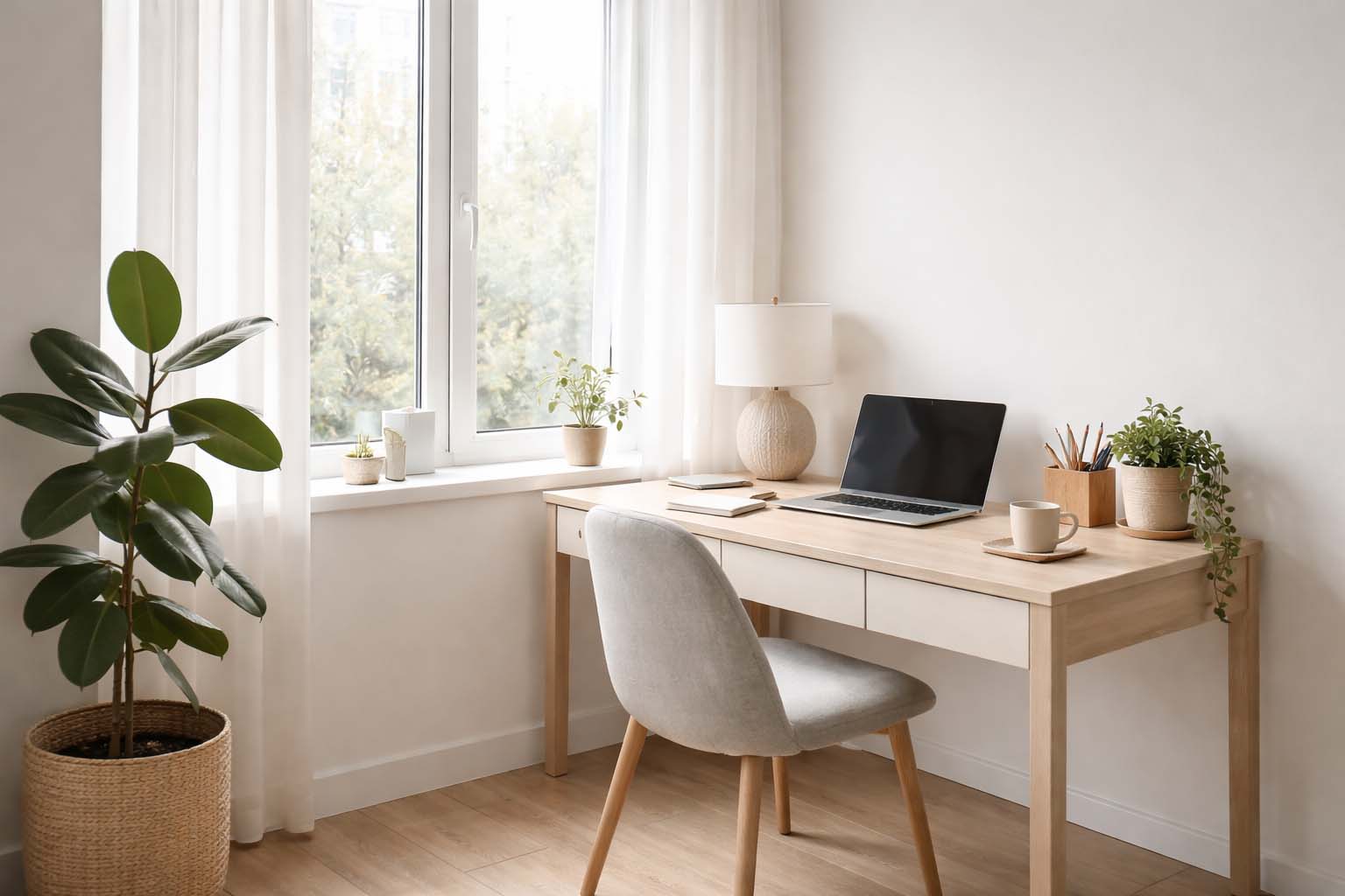 Radni sto postavljen pored prozora sa malo predmeta na površini i prirodnim svetlom koje ulazi u prostor