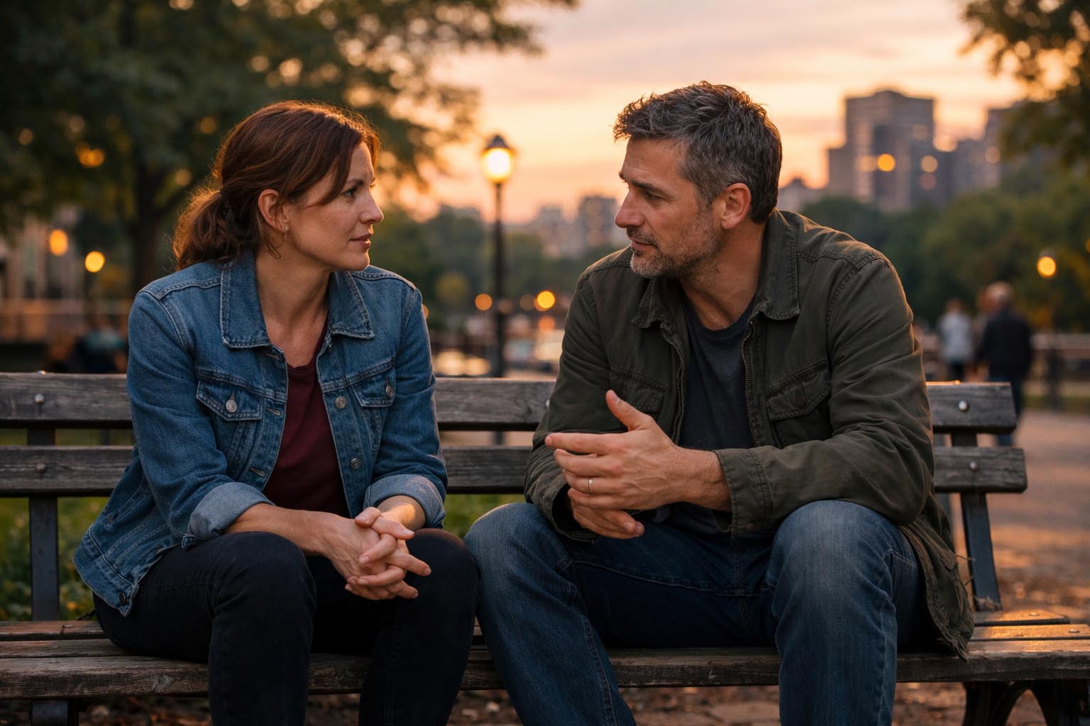 Dvoje ljudi sedi na klupi u gradskom parku i ozbiljno razgovara u ranim večernjim satima