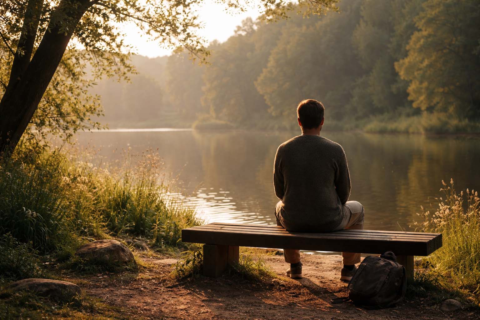 Osoba sedi sama na klupi u prirodi i gleda u daljinu bez telefona
