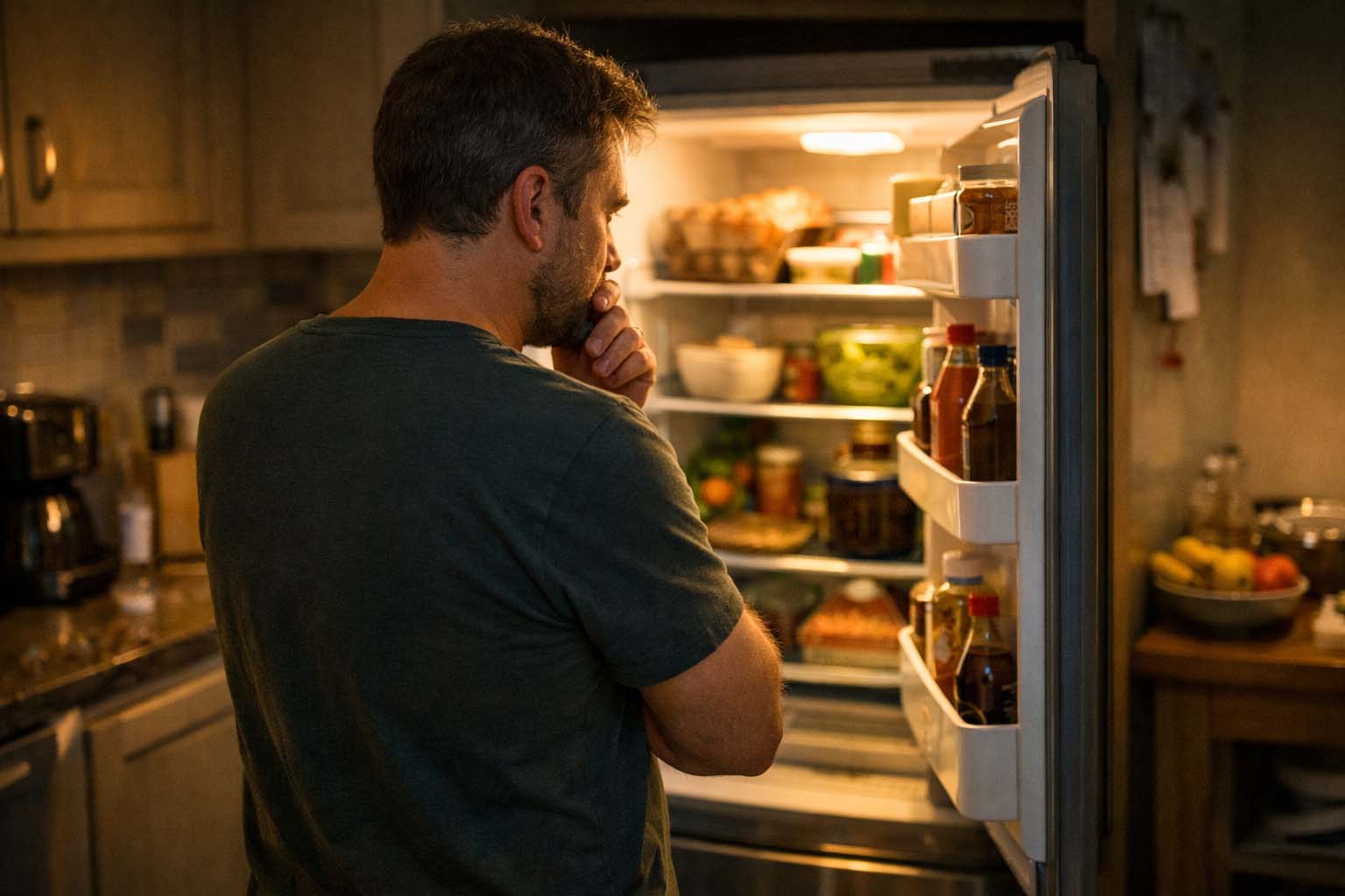 Osoba stoji ispred otvorenog frižidera uveče i zamišljeno gleda unutra