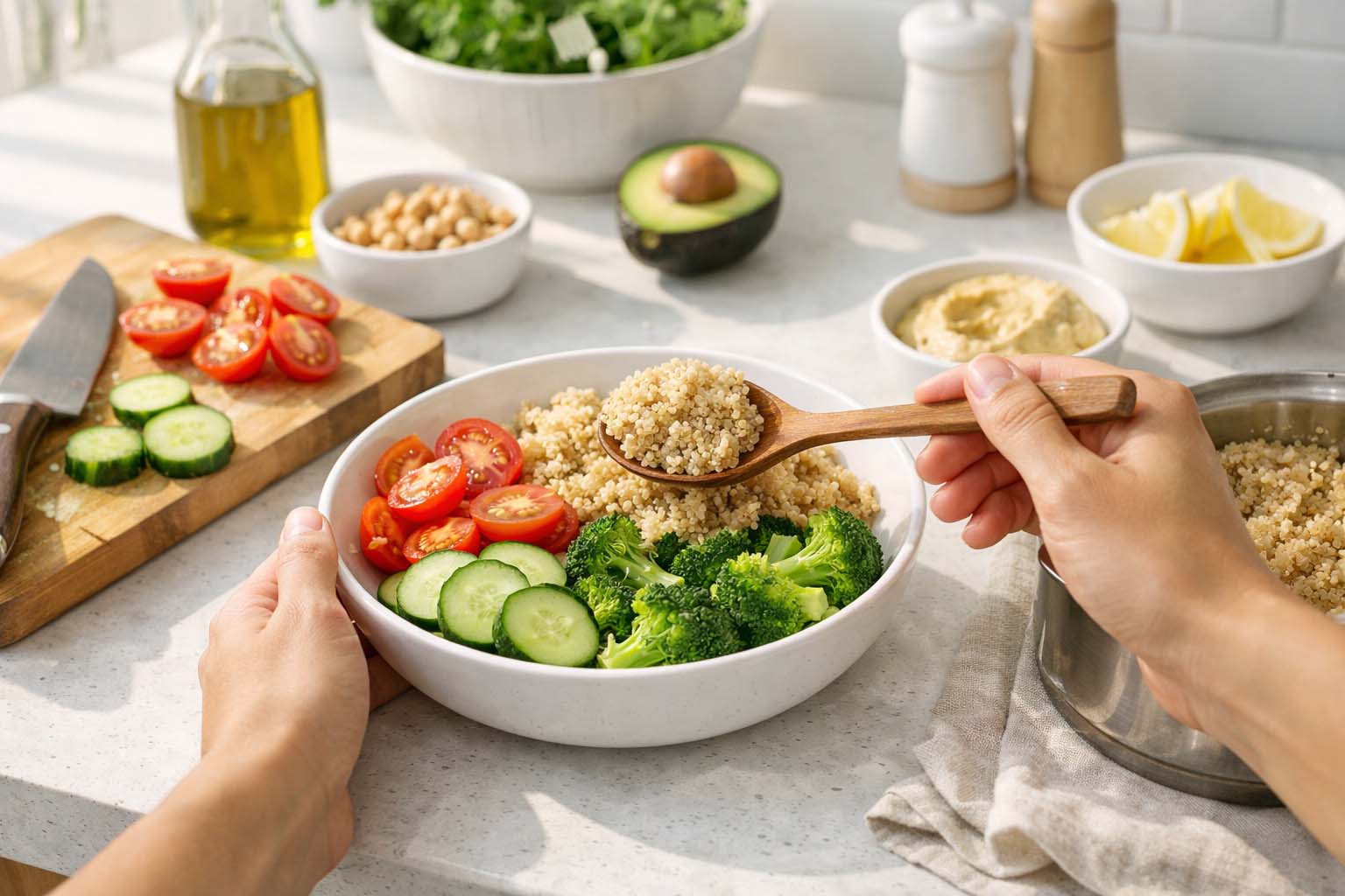 Ruke pripremaju jednostavan obrok od povrća i žitarica na svetlom kuhinjskom pultu