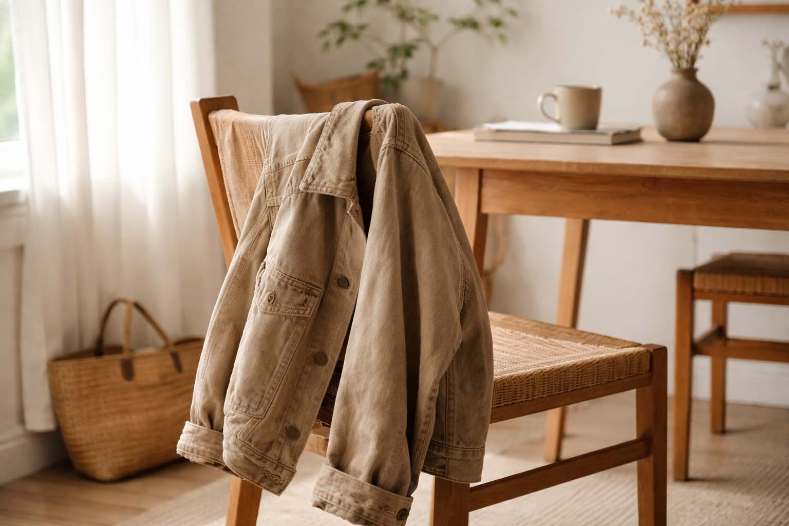 Jakna od prirodnog materijala okačena na stolicu u svetloj sobi, vidljivi tragovi nošenja