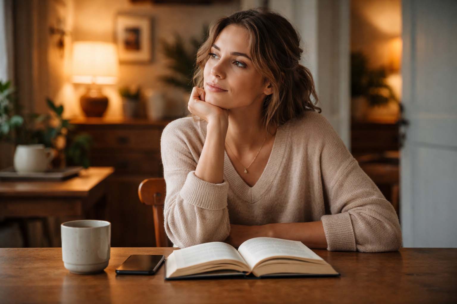 Osoba sedi za stolom sa otvorenom knjigom i telefonom, zamišljeno gleda u stranu