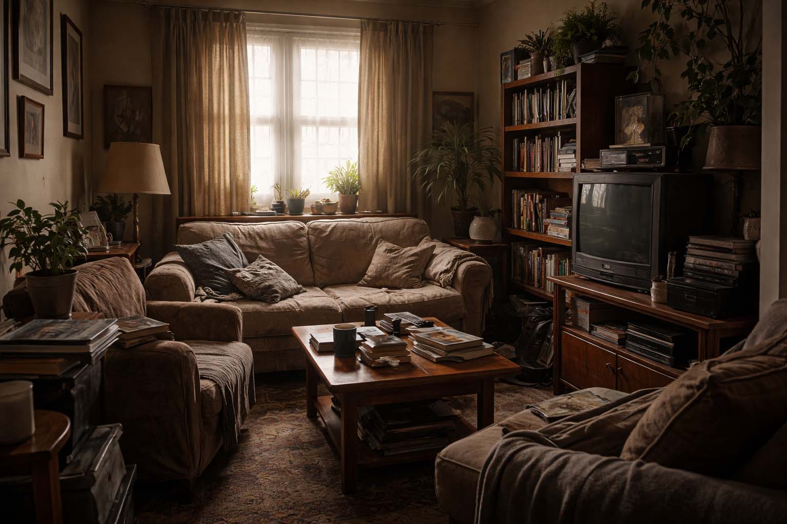 Mala dnevna soba sa previše nameštaja i slabim prirodnim svetlom