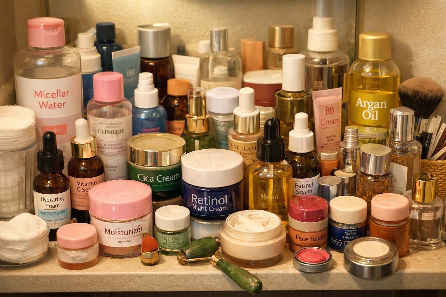 Polica u kupatilu prepuna različitih kozmetičkih proizvoda u neredu