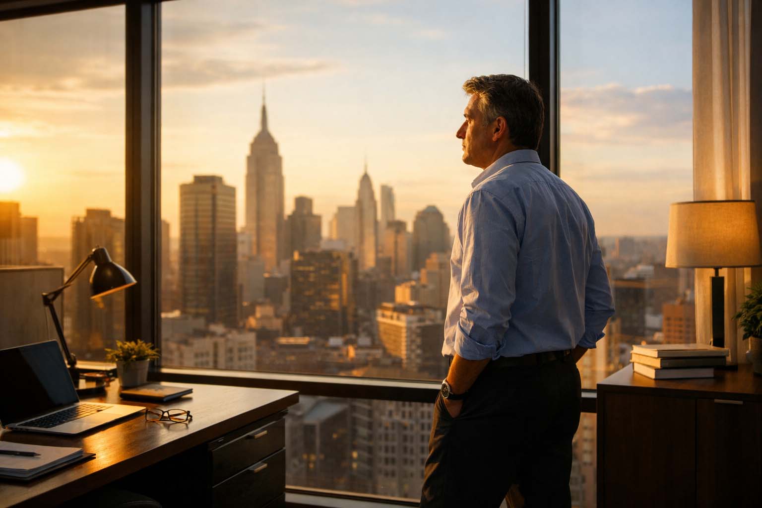 Osoba srednjih godina stoji pored prozora kancelarije i posmatra grad u kasnim popodnevnim satima