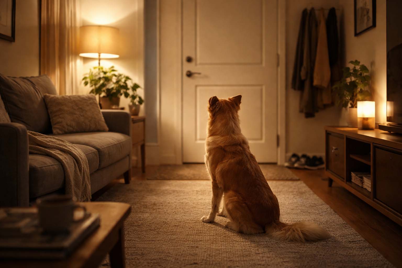 Pas sedi u dnevnoj sobi i pažljivo posmatra vrata dok je prostor blago zatamnjen